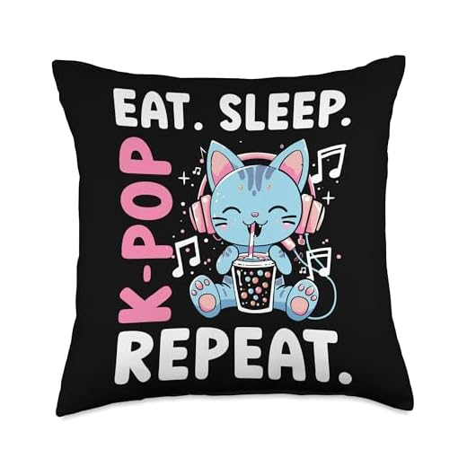 Eat Sleep K-Pop Repeat Korean Pop Music Cute Kawaii Cat Throw Pillow