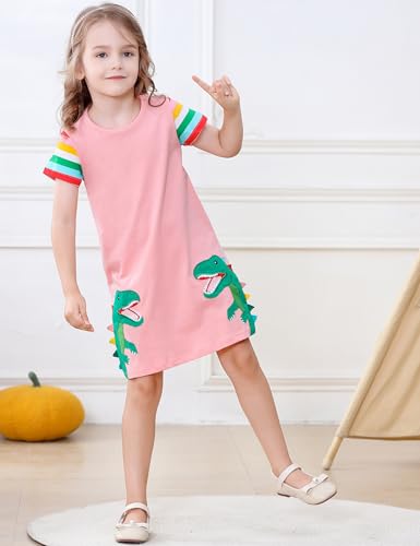 Image of Hongshilian Little Girls Cotton Casual Dress Cartoon Print T-Shirt Short Sleeve Skirt Dresses