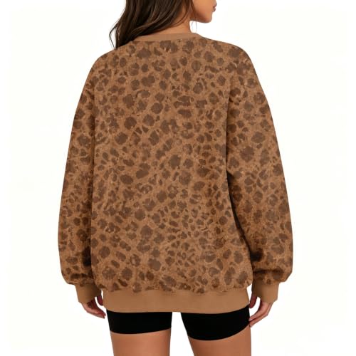 Women Leopard Print Sweatshirt Y2K Ribbed Crewneck Oversized Pullovers - image 5