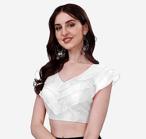Image of Pujia Mills Women's V Neck Orgenza Three Layer Ruffle Sleeve Frill Readymade Saree Blouse