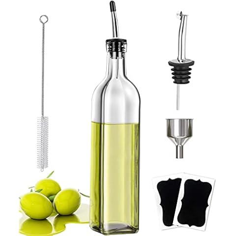 Olive Oil Bottle Glass Oil Dispenser 500ML,Come With a Replacement Grease Nipple, Dispensing Funnel, Small Brush and Two Name Stickers,Clear Borosilicate Oil Bottle for Kitchen, Cooking Oil Container Cover