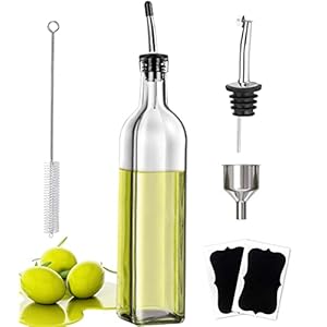 Olijfolie fles glazen oliedispenser 500 ml, geleverd met een vervangende vettepel, doseertrechter, kleine borstel en twee naamstickers, duidelijke borosilicaatoliefles voor keuken, bakoliecontainer