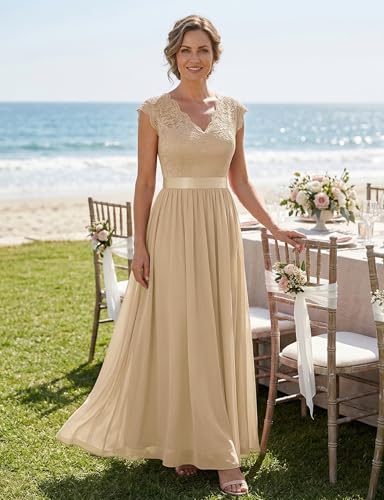 Image of Dressystar Women's V Neck Sleeveless Lace Bridesmaid Dress Wedding Party Gown