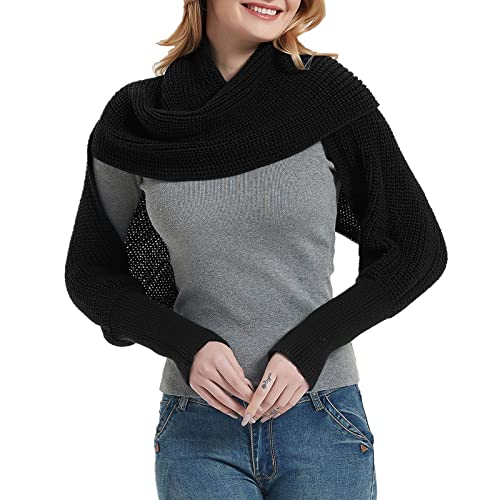 Fashion Winter Warm Solid Color Knitted Wrap Scarf Crochet Thick Shawl Cape With Sleeve For Women (Black, One Size) #TOP19