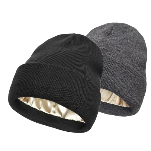 2 PCS Satin Lined Winter Beanie Hats for Women Unisex Knitted Cuffed Knit Beanie with Silky Lining Slouchy Skull Cap Black DeepGrey