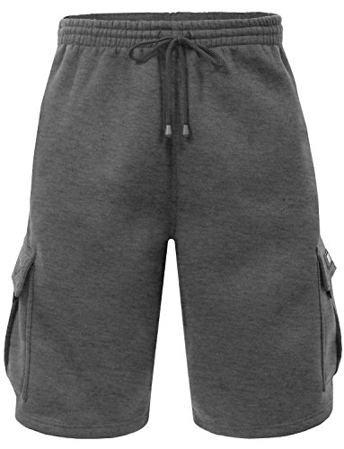 NE PEOPLE Mens Light Comfy Elastic Drawstring Fleece Cargo Sweat Shorts (M-7XL) Charcoal