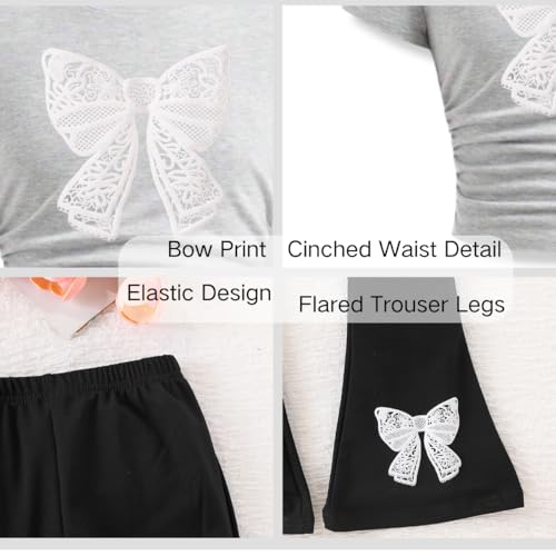 Image of Girls Clothes 2 Piece Short Sleeve Lace Bow Print Tops Flared Pants Set Little Girl Outfits Size 7-14