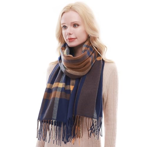 RIIQIICHY Plaid Scarf for Women Fall Winter Pashmina Scarves Wraps for Cold Weather Warm Large Navy/Yellow/Brown