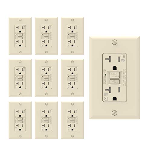 AIDA Self-Test 20 Amp 120V 5-20R Indoor Outdoor Weather & Tamper Resistant GFCI TR WR Receptacle Wall Outlet with LED Indicator, Wall Plate Included, UL Listed,Back & Side Wire, Light Almond, 10 Pack