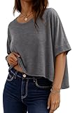 Womens Oversized Tshirt Half Sleeve Crop Top Loose Fit Round Neck Tee Shirt Casual Blouse(Grey,L)