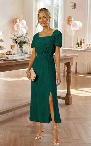 Image of ECOWISH Women Maxi Dresses Cocktail Party Wedding Guest Formal Pleated Long Dress Short Sleeve Slit Empire Waist Evening Gown