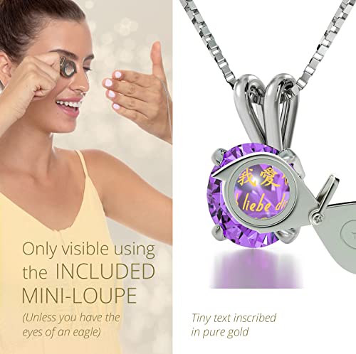 925 Sterling Silver I Love You Necklace In 12 Languages Inscribed In Pure Gold Including Sign Language Onto A Round Light Purple Cz Solitaire Anniversary Birthday Gift Pendant, 18" Box Chain #TOP3