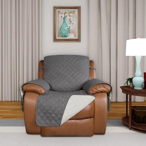 Image of PureFit Reversible Quilted Sofa Cover, Water Resistant Slipcover Furniture Protector, Washable Couch Cover with Non Slip and Elastic Straps for Kids, Dogs, Pets (Oversized Recliner, Gray /Ivory)