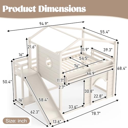 Image of Bellemave Bunk beds Full Over Full with Slide,Bookshelf and Wardrobe House roof Design, Low bunk /loft Bed for Kids,Beige