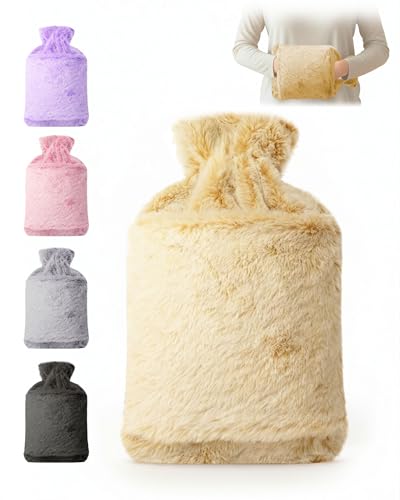 KEPLIN Hot Water Bottle 2L with Soft Faux Fur Cover Leakproof Natural Rubber Long Lasting Warmth for Neck Back & Hands Fluffy Cosy Design for Men & Women Winter Comfort - Cream