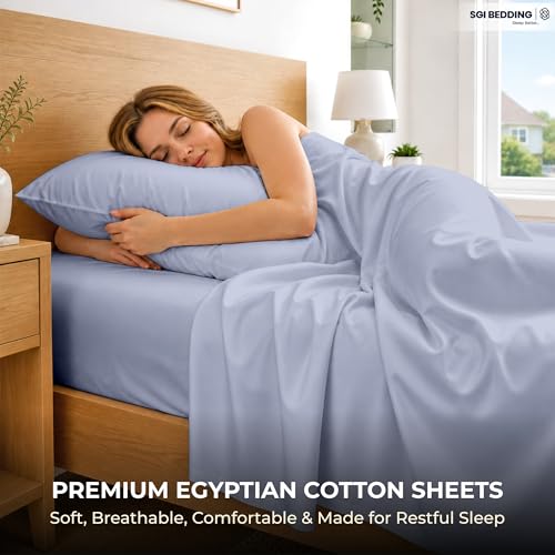 Image of SGI Split King Sheet Set for Adjustable Bed Egyptian Premium Cotton 600 Thread Count Sheets for Sleep Number Bed 15 inch Deep Pocket 5 Pc Set with 2 Twin XL Fitted Sheets Soft Breathable - Cornflower Blue