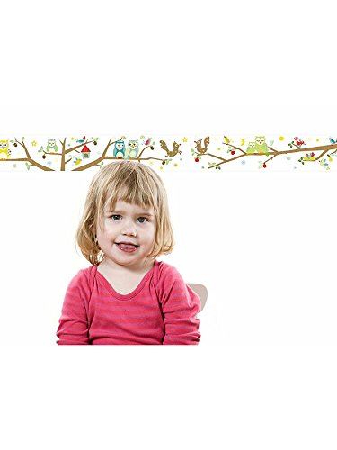 anna wand Bordüre selbstklebend FUNNY FOREST - Wandbordüre Kinderzimmer/Babyzimmer mit Eulen und Vögeln - Wandtattoo Schlafzimmer Mädchen & Junge, Wanddeko Baby/Kinder