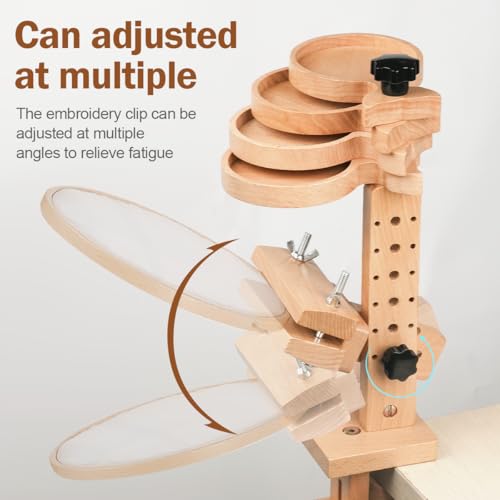 Image of Embroidery Hoop Stand with Built-in Storage Tray - Adjustable Cross Stitch Stand, Embroidery Hoop Holder with Beech Wood Frame, Sturdy Lap Stand for DIY Craft Projects and Art Display