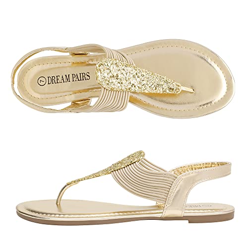 DREAM PAIRS DREAM PAIRS Women's Elastic Strappy String Thong Ankle Strap Summer Gladiator Sandals,Size 10,Gold,SPPARKLY