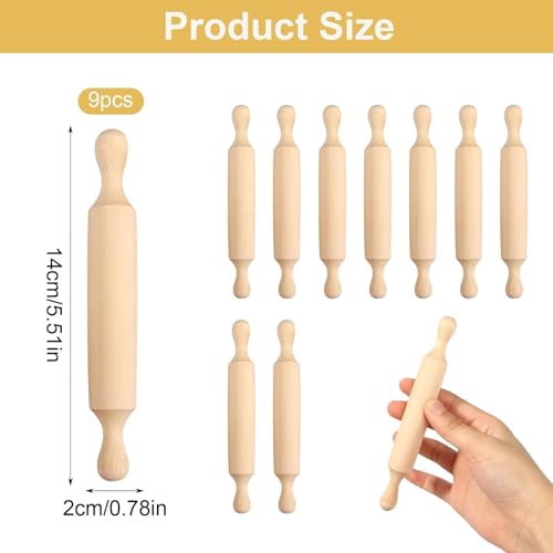 Prota Confezione Da 9 Mini Mattarelli Girevoli In Legno Con Manico A 2 Rulli, Rulli In Legno Per Pasta Di Gioco, Rullo Compatto Per Pasta Di Zucchero, Biscotti, Pizza, Pasticceria - 2