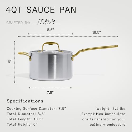 Image of Made In Cookware - 7-Piece CeramiClad Non Stick Pot and Pan Set (Antique Brass Handle) - 5-Ply Stainless Clad - Professional Cookware - Crafted in Italy - Induction Compatible