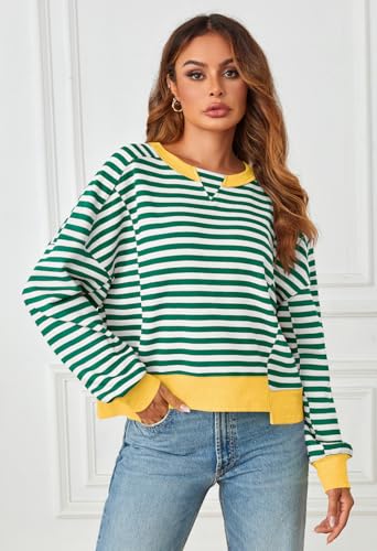 MEROKEETY Women\'s Striped Color Block Cropped Sweatshirts Oversized Crewneck Long Sleeve Sweater Y2K Shirt Tops, Green, S
