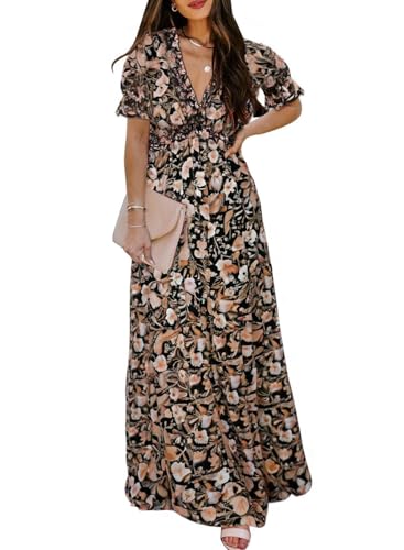 BLENCOT Womens Deep V Neck Floral Printed Dress Summer Short Sleeve Long Party Cocktail Dresses Black X-Large
