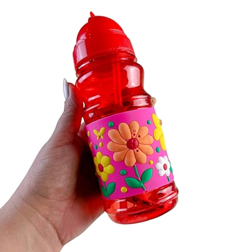 Garrafa De Água Suco Infantil Canudo em Silicone Garrafinha Escolar (Vermelha - Flores c/Fundo Rosa)