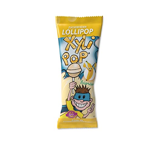 miradent XyliPOP® Banane Bonboniere 25x 6g einzeln verpackt | zuckerfreier Lollipop mit Xylit gesüßt | zahnmineralisierend | fruchtiger Geschmack | vegan