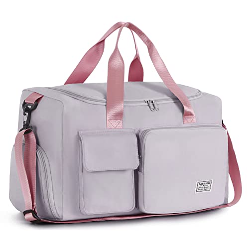 Fioretto Womens Mens Sports Gym Bag Duffle Bag With Shoes Compartment, Weekend Travel Bag Overnight Bag For Women, Foldable Water Resistant Holdall Hospital Bag For Swimming, Basketball Grey&Pink #TOP11