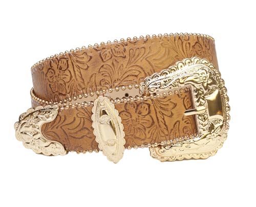 Women Western Gold Buckle Cowgirl Belt Flower Pattern Leather Waist Belt for Jeans Pants