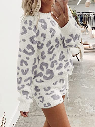 Merokeety Women's Winter Fuzzy Knit Pajama Set Soft Lounge Sets 2 Piece Outfits Top And Drawstring Shorts,Taro,L #TOP2