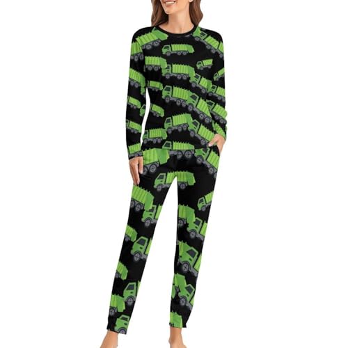 Green Garbage Truck Women's Pajama Sets Long Sleeve Top And Pants Nightwear Pjs 2 Piece