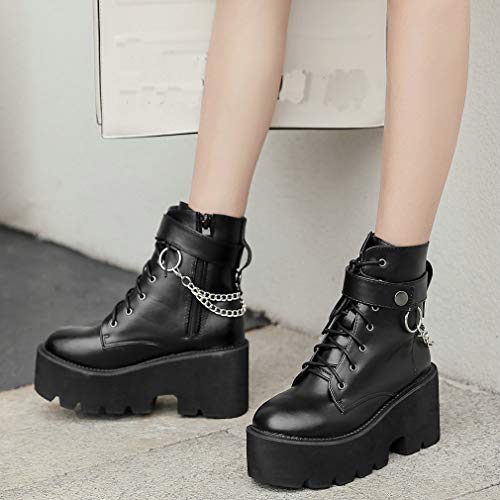 Image of Parisuit Womens Goth Patent Ankle Boots Platform Chunky Combat Boots | Lace Up, Gothic Boots, High Heel, Punk Short Booties, Buckle Boots, Chain Boots