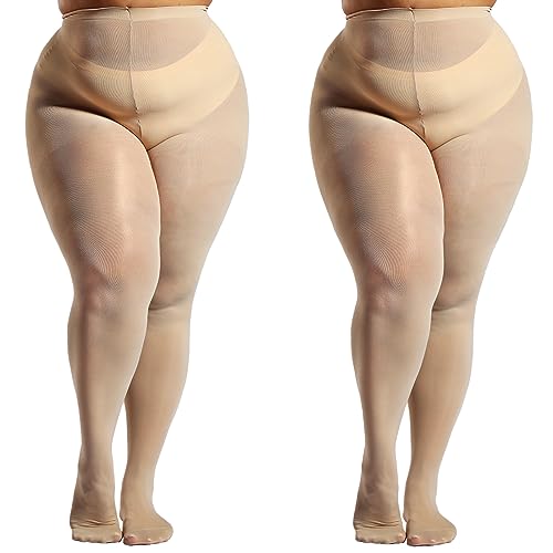 HONENNA 2 Pairs Plus Size Sheer Tights for Women, 17 Colors 60D Pantyhose Reinforced Toes High Waist Stockings, Nude 2 Pairs 3XL-4XL