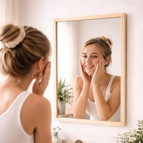 Image of Rousrie Premium Framed Glass Wall Mount Mirror, Decorative, for Bathroom, Bedroom, Living Room and Entryway, Wash Basin (14 by 20 Inch) (Light Brown)