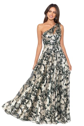 Image of Betsy & Adam Women's Long Sleeveless One Shoulder Metallic Print Gown, Green /Gold, 12