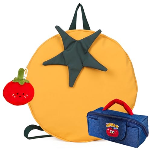 Cute Tomato Backpack with Case for Women Funny Large Capacity Cartoon Fruit Shoulder Anime Bag Daily Travel Carry (Yellow)