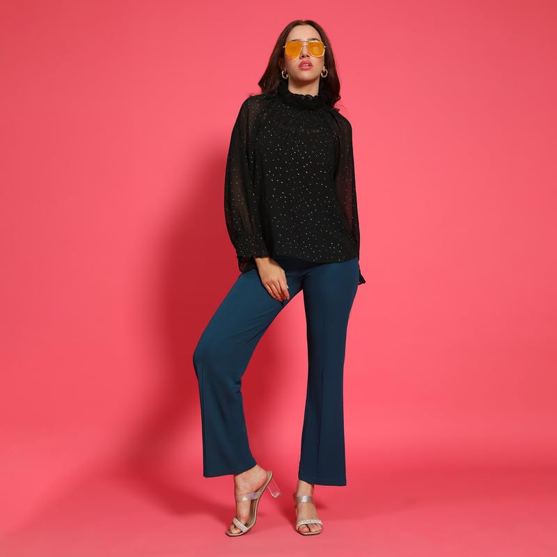 Image of oxolloxo Women Round High Neck Long Sleeve Semi Sheer Top
