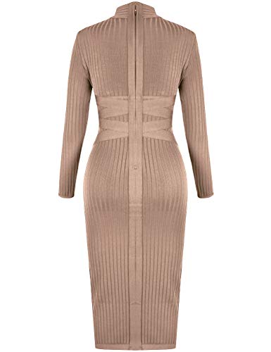 Whoinshop Women's Cross Strap Ribbed Bandage Long Sleeve Midi Fall Winter Bodycon Party Dress (S, Khaki1) #TOP3