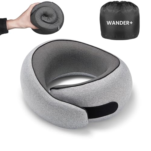Image of WANDER PLUS Travel Pillow, 100% Pure Memory Foam Travel Neck Pillow Airplane Neck Support Ergonomic Design Best for Sleeping Plane Car Train Office Flight for Adults Grey