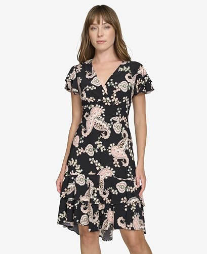 Image of Tommy Hilfiger Women's Flutter Sleeve V-Neck Ruffle Trim Chiffon Mini Dress