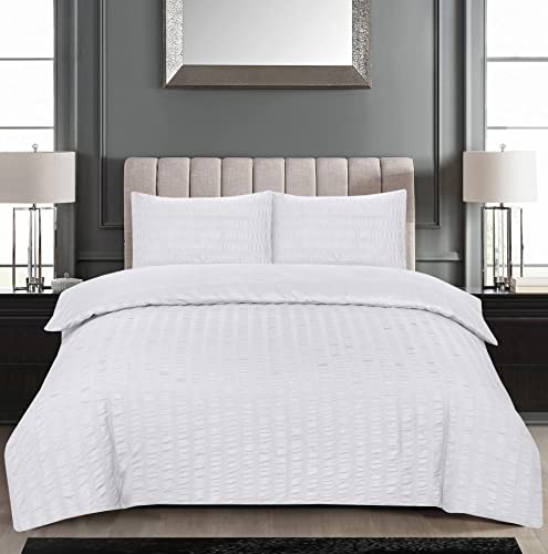 My home store Polycotton White King Size Duvet Cover Sets – Cotton Rich Hotel Quality Seersucker Stripe Bedding Quilt Cover Sets with 2 Matching Pillowcases