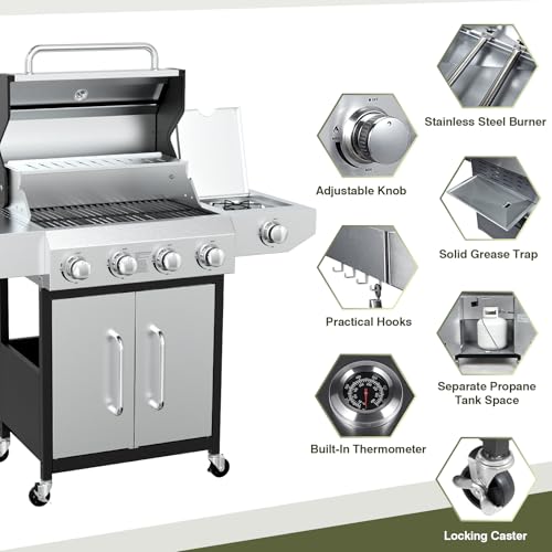 Image of BESTFIRE 60,000 BTU 4+1 Burner Propane Gas Grill - 647 sq. inches Stainless Steel Outdoor BBQ with Porcelain-Enameled Cast Iron Grates, Side Burner & Storage Cabinet for Patio and Backyard Cooking