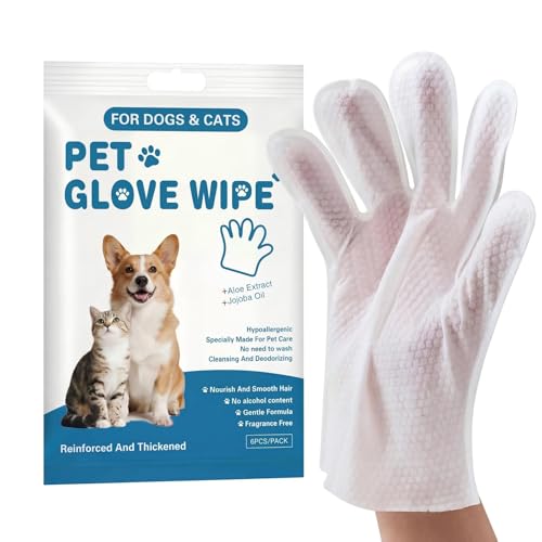 TUOYANGHUI Pet Glove Wipes No Rinse Deodorizing Mittens for Sphynx Devon Rex Cats & Dogs Thickened Hypoallergenic with Aloe Vera Unscented Full Body Grooming Daily Care & Travel 12 Count