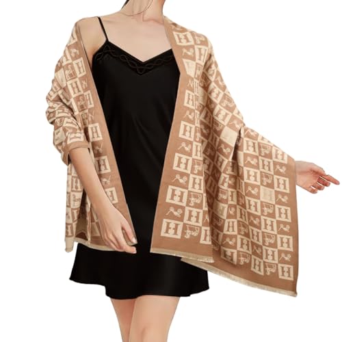 Relang Women Pashmina Silky Shawl Wrap Khaki Plaid