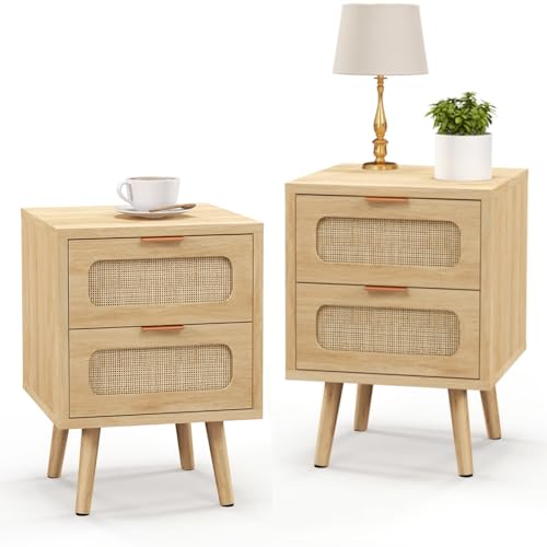 YMBSBUY Rattan Nightstand Set of 2, Small Night Stand Bedside Table, Mid Century Modern Nightstand with 2 Drawer, Boho Natural Wood Side Table for Bedroom, Small Space, Light Oak