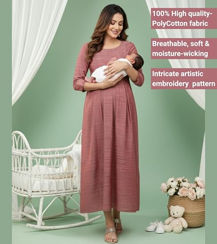 Image of DUMMY SHAPE Maternity Gown for Women | Floral Anarkali Flare Kurta with Dual Nursing Zippers | Pregnancy & Breastfeeding | Feeding Kurtis | Baby Shower | Mom to Be Gifts for Pregnant Woman Maroon
