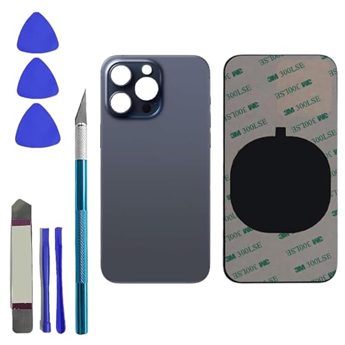 Kit reparation vitre arriere iPhone 15 Pro Max grand trou adhesif inclus bleu titane