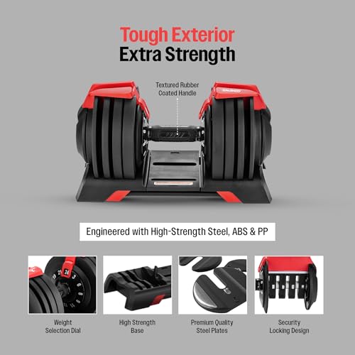 Image of Sparnod Fitness SAD 24 Adjustable Dumbbell,24kg with 12 Weight Increments (3-24kg), One-Hand Quick Adjustment Safety Lock & Storage Rack, Ergonomic Non-Slip Grip, Premium Steel Build